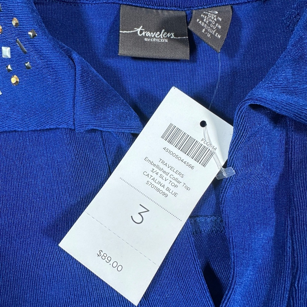 Chicos Travelers Embellished Collar Top Women 3 Catalina Blue Studded Tunic NEW - Picture 2 of 11